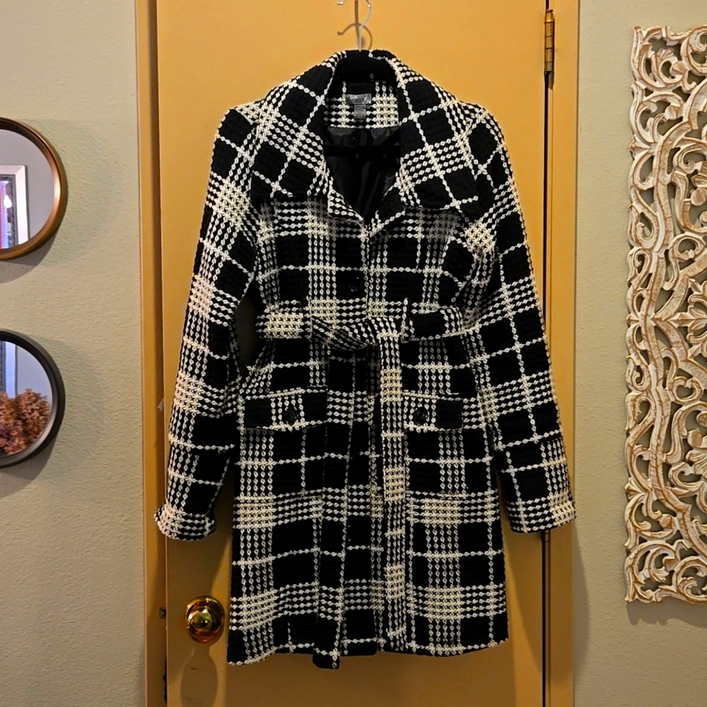 Poetry Clothing Black & White Checked Long Button Sleeve Coat with Tie & Pockets